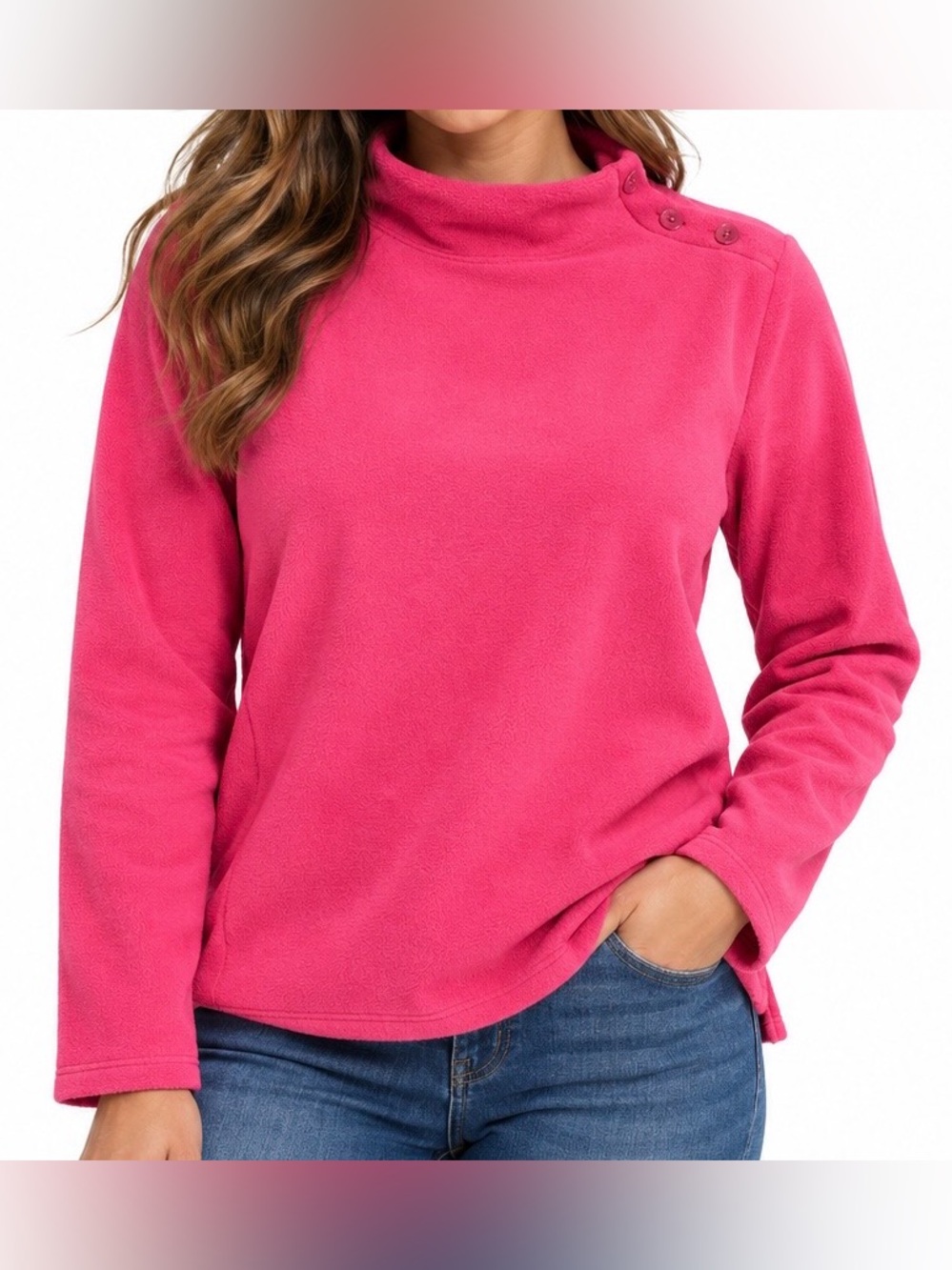 Talbots Women’s Medium Pink Fleece Mock Neck Button Shoulder Pullover Top